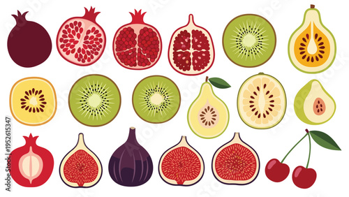 Variety of halved fruits including pomegranate, kiwi, fig, guava, and cherries arranged in rows to show textures for healthy food concepts.