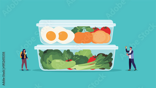 People standing next to large glass containers filled with healthy meal prep options like eggs, vegetables, and fruit for balanced nutrition.