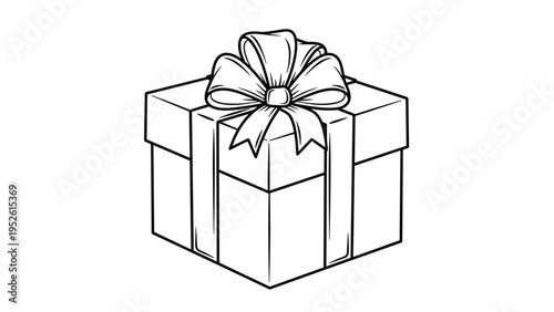 Classic square gift box wrapped with a large decorative ribbon and bow, presented as a black and white line drawing for coloring or icons.