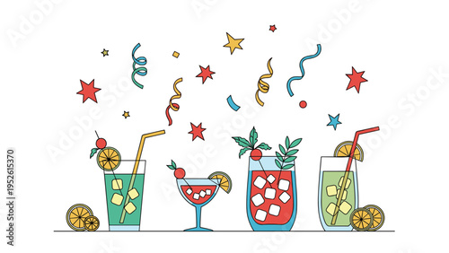 Assortment of colorful cocktails in various glasses with straws and garnishes under falling star confetti and streamers for festive party moods.