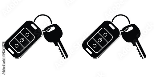 Car key remote fob illustration, two modern keys silhouette in black representing vehicle access, security systems, and automotive technology.