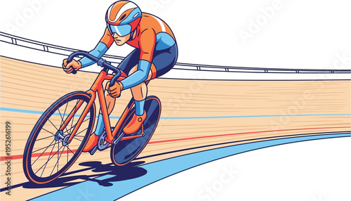 Cyclist wearing an orange and blue uniform leans into a turn while riding a racing bicycle on a wooden velodrome track.