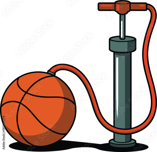 Basketball air pump illustration, sports equipment vector showing ball and inflation pump for training, maintenance, and athletic gear concepts.