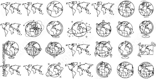 Hand-drawn World Maps and Globes Doodle Set with Earth, Continent Outlines, and Compass Rose Icons