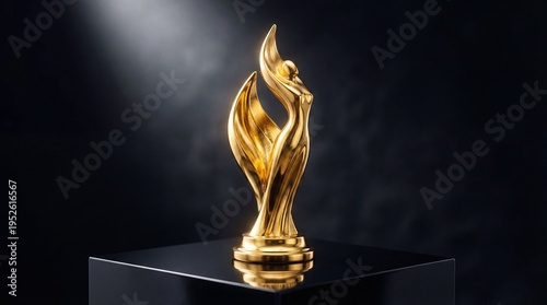 Golden award trophy on a black pedestal with dramatic lighting