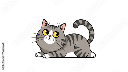 Playful grey tabby cat with bright yellow eyes is captured in a pouncing pose with its front paws tucked and tail curled.