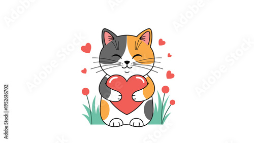 Adorable calico cat holding a big red heart in a garden setting is a charming illustration for valentines day or expressions of love.