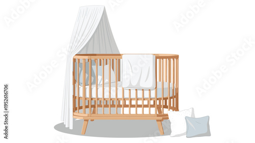 Modern wooden baby crib with canopy and comfortable pillows provides a stylish and cozy nursery interior setup for newborns.