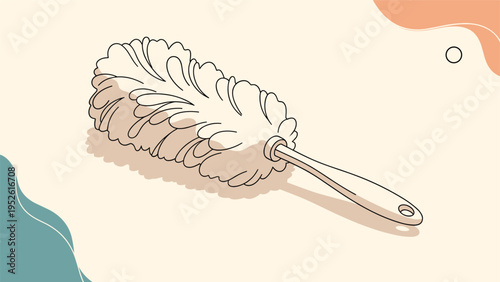 Classic feather duster with long handle sits on a minimalist abstract background representing household cleaning and chore maintenance.