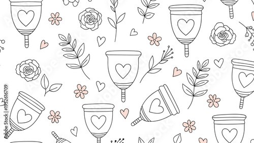 Repeating pattern of menstrual cups, roses, leaves, and pink hearts promotes eco-friendly period care and feminine hygiene awareness.