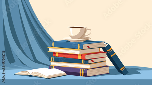 Stack of colorful hardcover books with a warm cup of coffee on top is set against a blue curtain backdrop for a cozy reading atmosphere.