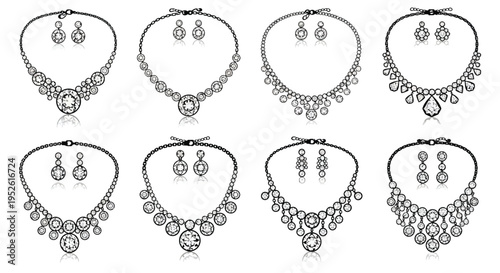 Variety of elegant necklaces and earring sets displayed in black and white