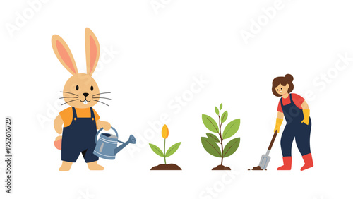 Charming illustration shows a bunny and a young girl working together in a garden to plant and water small green trees and sprouts.