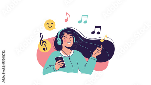 Young woman with long hair enjoys listening to her favorite music using headphones and a smartphone surrounded by floating musical notes.