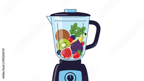 Kitchen blender filled with a variety of healthy fruits including kiwi, figs, strawberries, and blueberries for a nutritious smoothie.