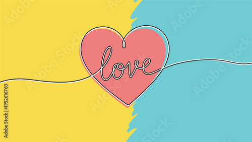 Stylized pink heart with the word love written in continuous line script is placed on a split yellow and blue background for romance.