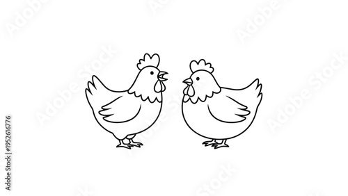 Minimalist line art illustration of two hens facing each other on a plain background for farm-themed designs and livestock projects.