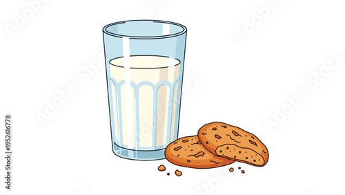 Tall glass of cold white milk accompanied by a pair of delicious chocolate chip cookies is a classic and comforting snack choice.