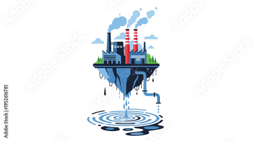 Conceptual illustration of an industrial factory on a floating island polluting the surrounding air and water for environmental awareness.