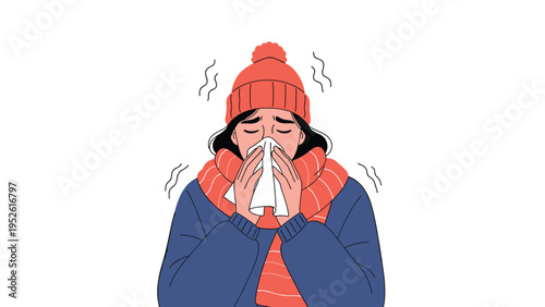 Character illustration shows a person suffering from a cold, shivering in winter clothes and blowing their nose with a tissue.