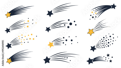 Decorative set of various shooting stars and comets with long trails of light is depicted in a minimalist style against a white background.