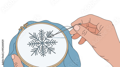 Close-up view shows a person carefully embroidering a white snowflake pattern onto blue fabric using a needle, thread, and hoop.