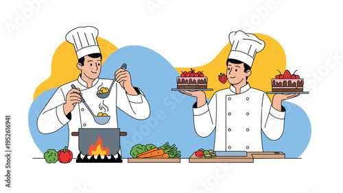 Professional chefs work together in a kitchen, one stirring a large pot of soup while the other presents two beautiful chocolate cakes.