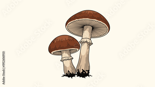 Pair of brown wild mushrooms grows together from the earth in a detailed botanical illustration showing their caps and gills.