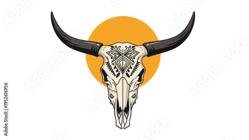 Stylized bull skull adorned with intricate tribal patterns is positioned in front of a bright orange sun on a clean white background.