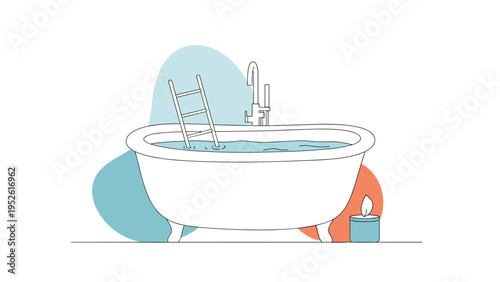 Whimsical line drawing depicts a white clawfoot bathtub partially filled with water and a ladder leaning against its interior side.