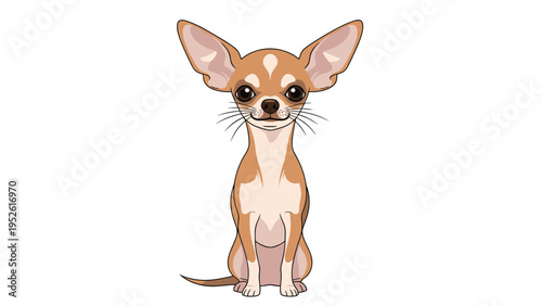 Small tan chihuahua sits patiently and stares forward with its large expressive eyes and signature pointed ears in a cute portrait.