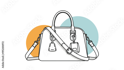 Simple line drawing outlines a stylish women's handbag with a top handle and adjustable shoulder strap against soft color shapes.