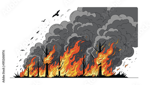 Dramatic scene depicts a raging forest fire with intense flames consuming trees and a thick plume of dark smoke filling the sky.