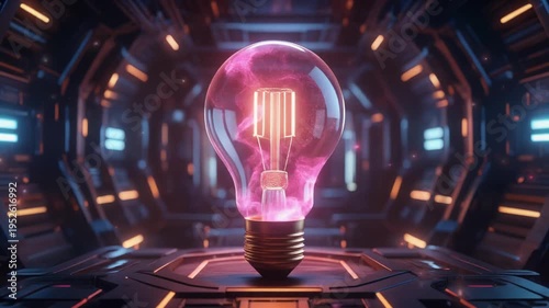 Glowing pink light bulb with a metal base on a circular platform in a futuristic room with neon orange lights and a dark metallic background.