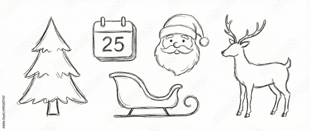 Fototapeta premium Christmas sketches: tree, calendar, Santa, sleigh, created AI