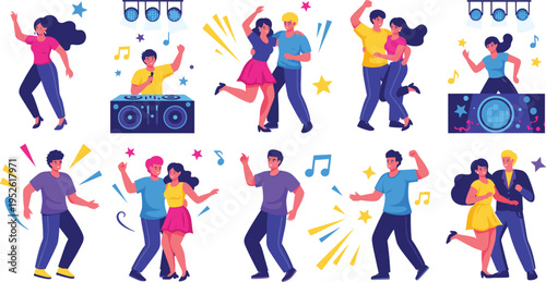 People dancing at party vector set with couples, music speakers, disco lights and happy characters enjoying celebration cartoon illustration