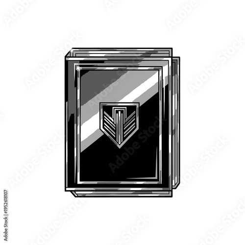 Vector illustration of a badge style checkbook icon with navy and gold elements on a clean professional design