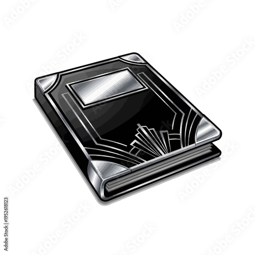 Vector illustration of an Art Deco checkbook icon with geometric elegance in black and silver chrome.
