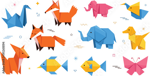 Origami animals vector set with paper fox, elephant, bird, fish and butterfly geometric folded shapes colorful illustration collection