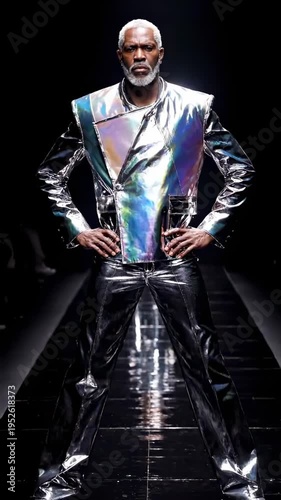 Mature male model showcasing futuristic silver outfit on fashion show runway