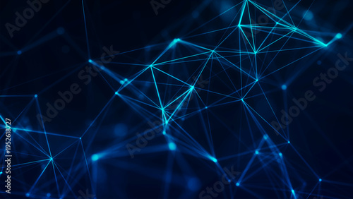 Abstract digital network of glowing nodes and connecting lines. Technological context. Network connection structure. Interweaving effect. Vector illustration