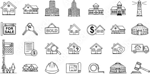 Real Estate and Housing Icons Set: Houses, Buildings, Keys, Sold Sign, Calculator, Family, and More