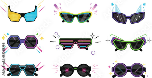 Trendy colorful sunglasses collection vector illustration with retro futuristic eyewear styles, neon frames and fashion accessories set