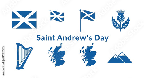 Blue and white graphic with Scottish symbols celebrating Saint Andrews Day