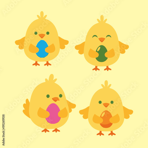 Four Cute Easter Chicks Holding Colorful Eggs.
