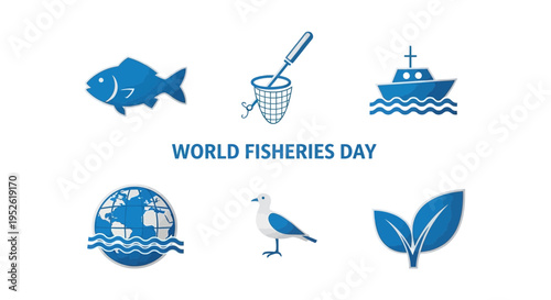 Blue icons for World Fisheries Day including fish net boat globe bird and leaves