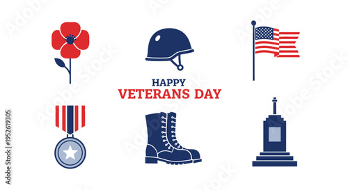 Flat icons for Veterans Day featuring military and memorial symbols