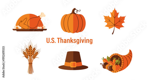 Flat icons representing US Thanksgiving elements on a white background