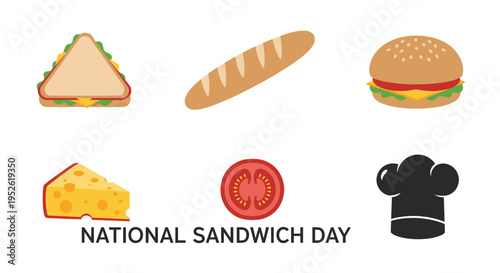 Flatstyle icons celebrating National Sandwich Day featuring food items and a chef hat