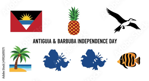 Graphic celebrating Antigua  Barbuda Independence Day with national symbols